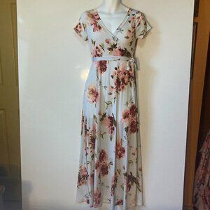 Hello Miz SZ S Maternity lt. blue and pink floral wrap bodice maxi dress